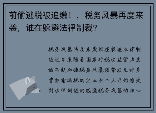 前偷逃税被追缴！，税务风暴再度来袭，谁在躲避法律制裁？