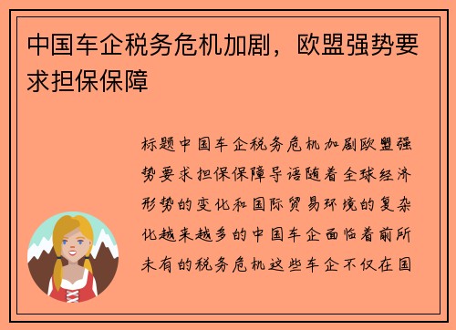 中国车企税务危机加剧，欧盟强势要求担保保障
