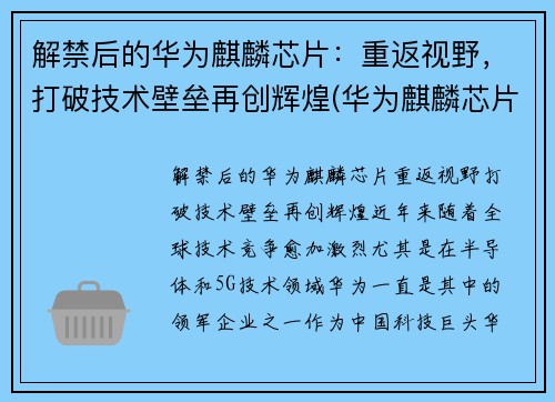 解禁后的华为麒麟芯片：重返视野，打破技术壁垒再创辉煌(华为麒麟芯片将成为绝唱)
