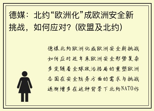 德媒：北约“欧洲化”成欧洲安全新挑战，如何应对？(欧盟及北约)