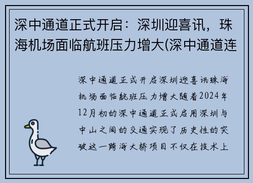 深中通道正式开启：深圳迎喜讯，珠海机场面临航班压力增大(深中通道连接珠海)