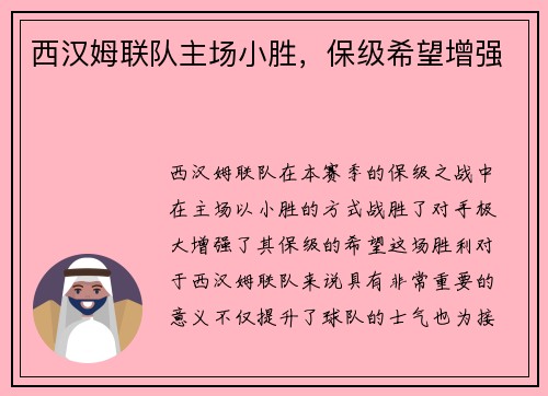西汉姆联队主场小胜，保级希望增强