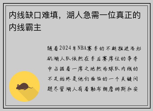 内线缺口难填，湖人急需一位真正的内线霸主