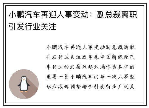 小鹏汽车再迎人事变动：副总裁离职引发行业关注