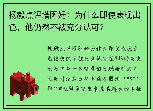 杨毅点评塔图姆：为什么即使表现出色，他仍然不被充分认可？