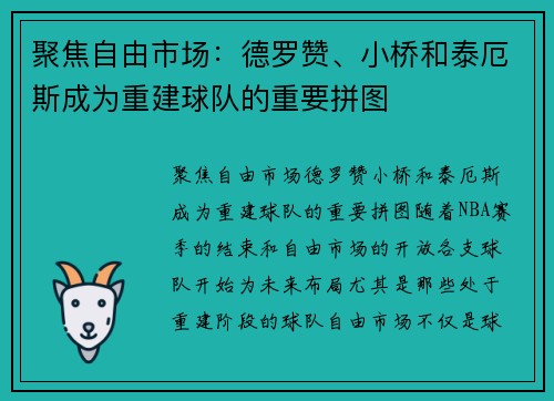 聚焦自由市场：德罗赞、小桥和泰厄斯成为重建球队的重要拼图