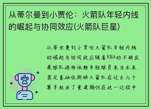 从蒂尔曼到小贾伦：火箭队年轻内线的崛起与协同效应(火箭队巨星)